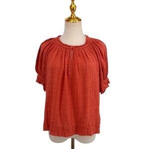 Apiece Apart Blouse Women S Orange Organic Cotton Viscose Puff Sleeve Smocked